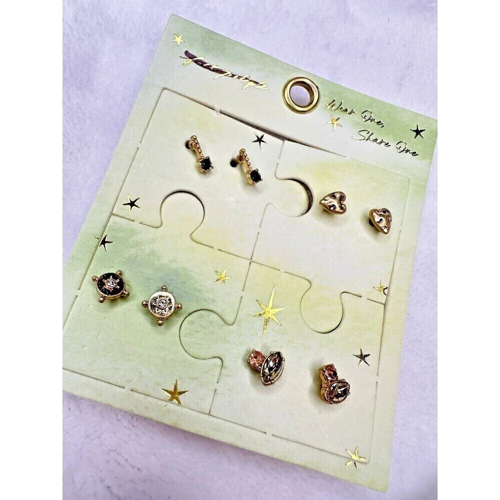 Free People Earrings Lucky Charm Stud Set Gold Tone Wear One Share One Puzzle